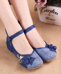 Buckle Strap Wedge High Wedge Heels Shoes Blue Oriental Cotton Fabric