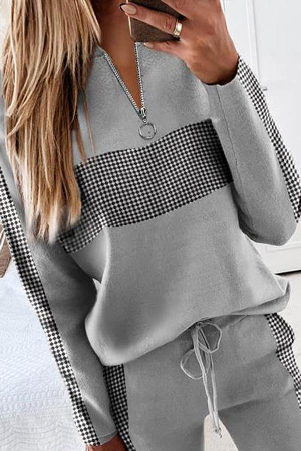 Contrast Plaid Top & Drawstring Pants Set