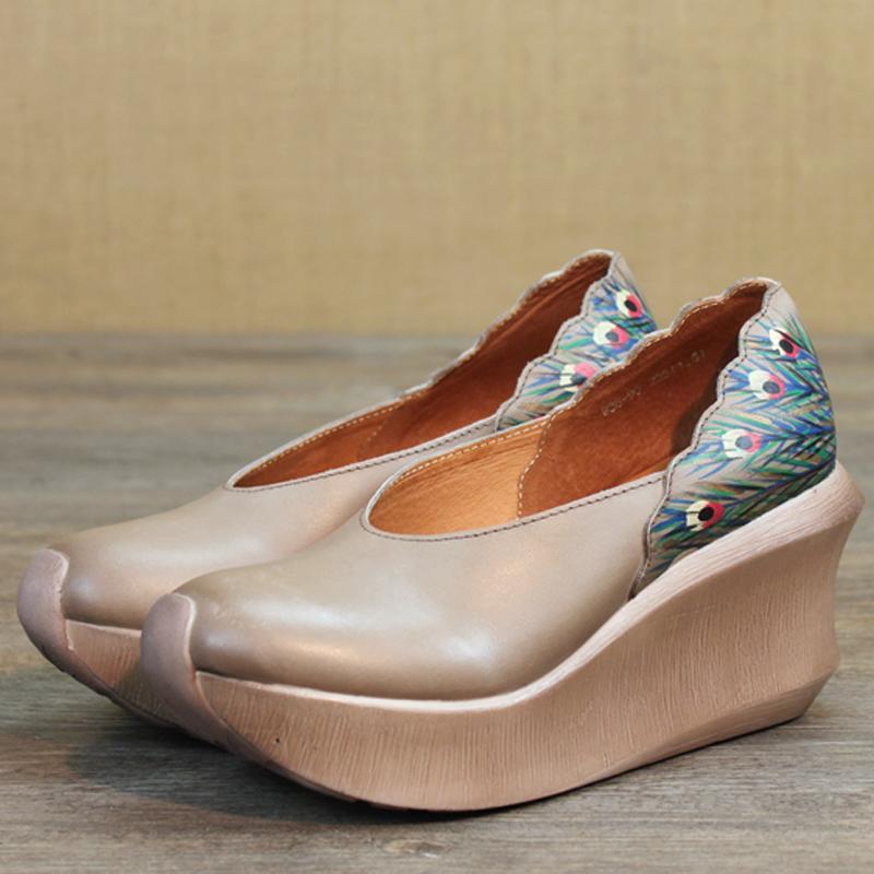 Wedge Peacock Tail Print Sewing Casual Shoes
