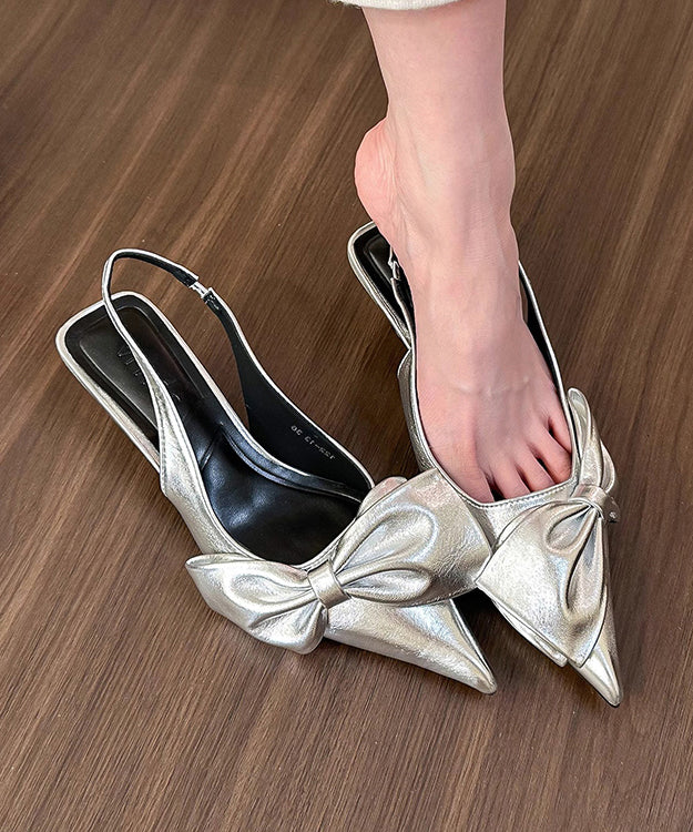 Silver Bow High Heel Sandals Pointed Toe Faux Leather