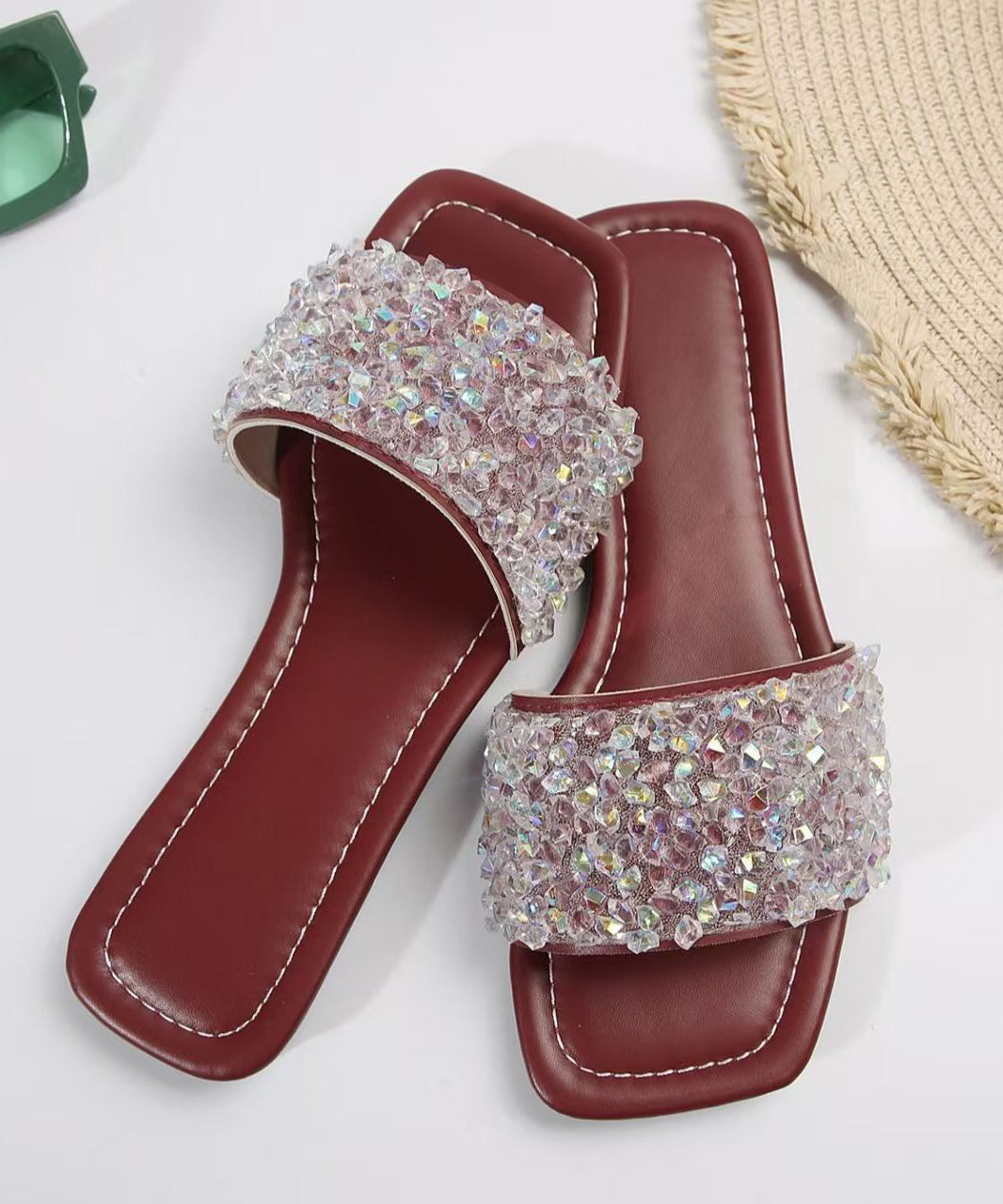 Beautiful Sequins Splicing Wine Red Faux Leather Slide Sandals