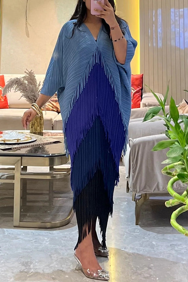 Color-blocked Multi-layered Tassel Loose Midi Dress