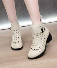 Black Cowhide Leather Hollow Out Splicing Chunky Boots