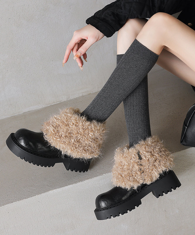 Black Cowhide Leather Chunky Boots Splicing Fuzzy Wool Lined