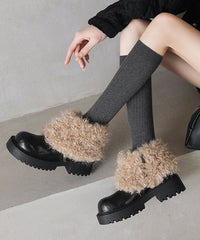 Black Cowhide Leather Chunky Boots Splicing Fuzzy Wool Lined