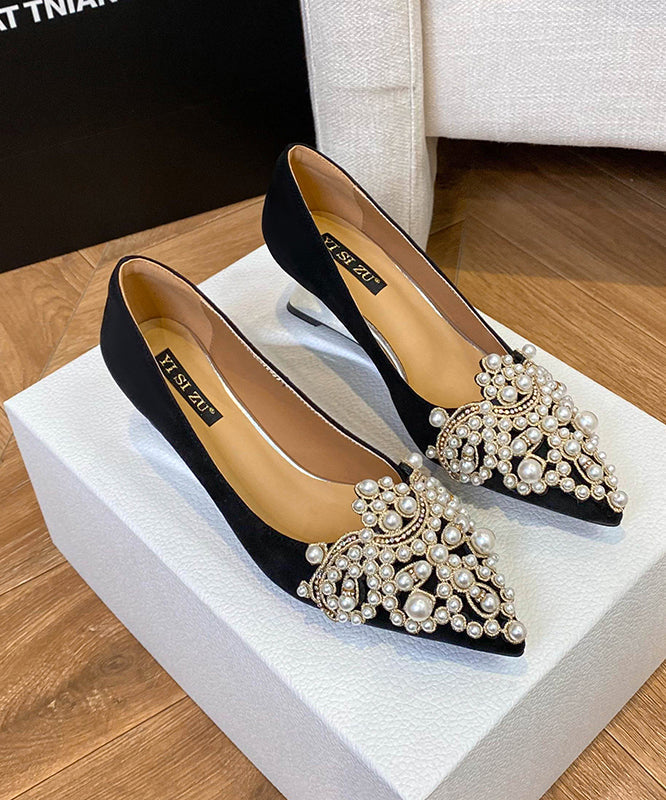 Suede Wedge Heels Shoes Splicing Black Pointed Toe Nail Bead