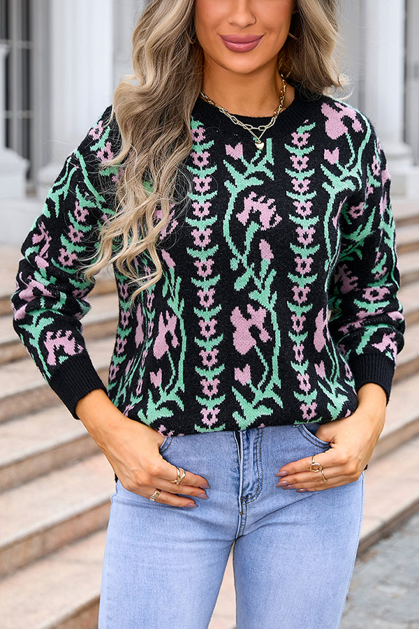Floral Knitted Crew Neck Casual Sweater