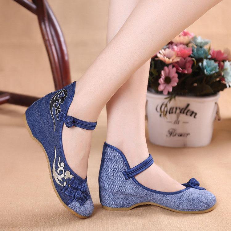 Buckle Strap Wedge High Wedge Heels Shoes Blue Oriental Cotton Fabric