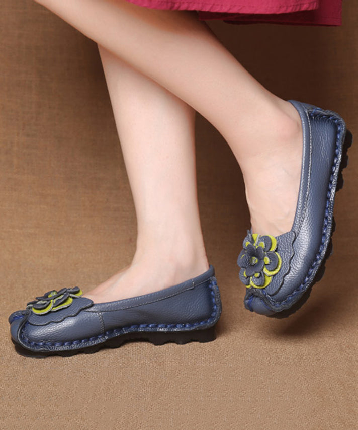 Navy Faux Leather Flower Splicing Flat Feet Shoes