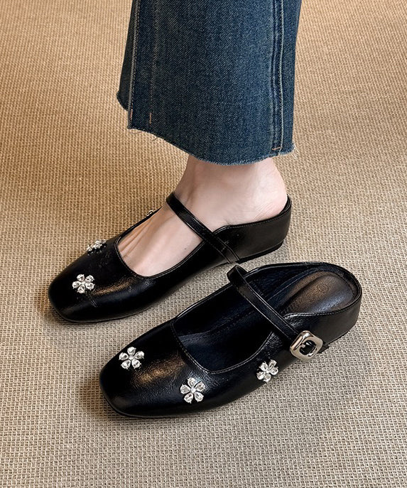 Boutique Splicing Wedge Black Faux Leather Slide Sandals Zircon