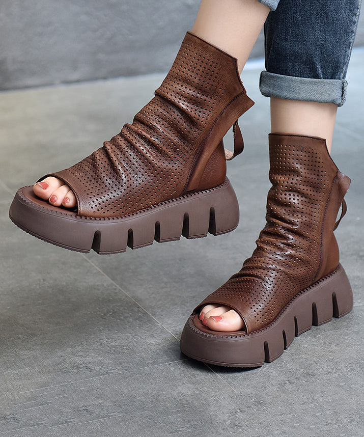 Black Boots Platform Cowhide Leather Peep Toe New