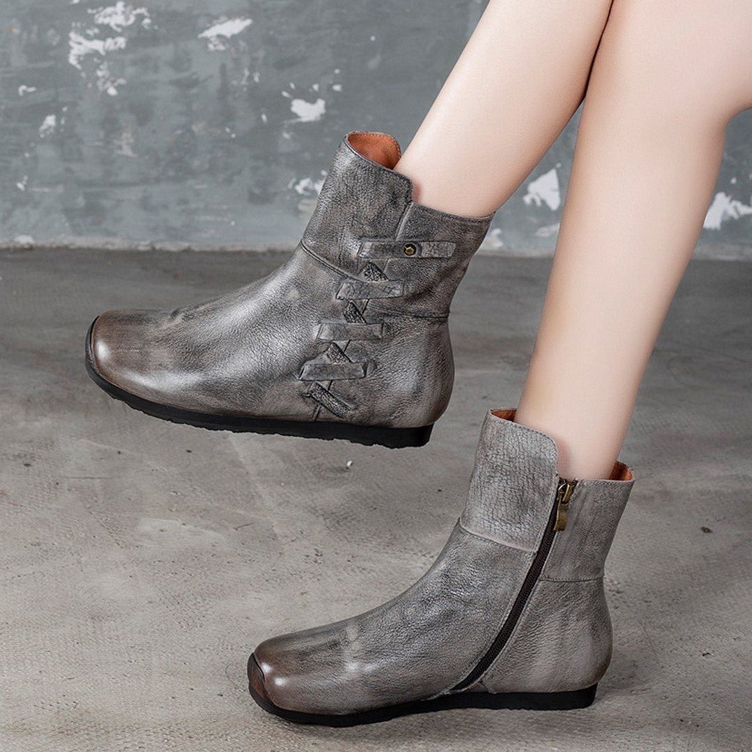 Cozy Side Zippers Casual Leather Flats Martin Boots