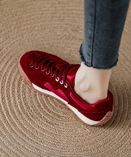 Red Lace Up Platform Suede Splicing Flats