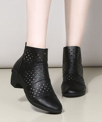 Red Chunky Cowhide Leather Hollow Out Splicing Boots