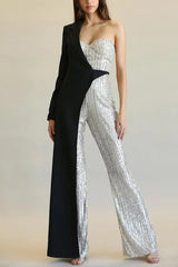 Sequined Patchwork One-sided Long-sleeved Asymmetrical Jumpsuit