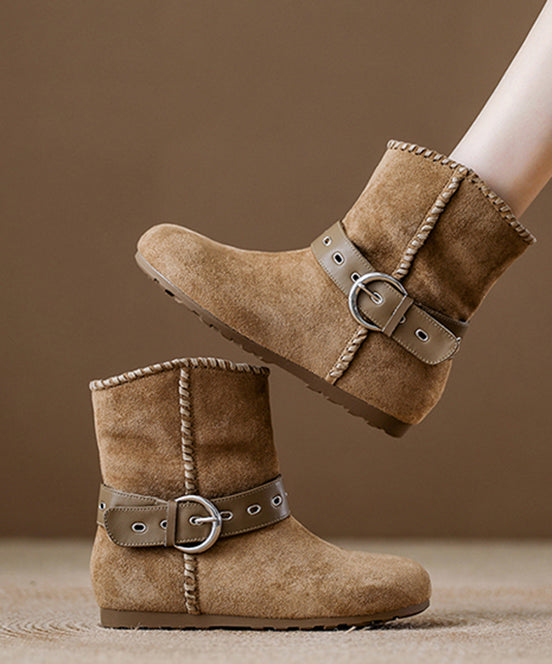 Khaki Suede Beautiful Buckle Strap Splicing Boots