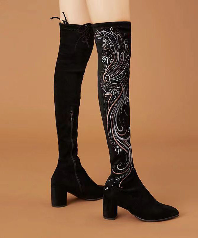 Retro Black Embroidered Chunky Knee Boots