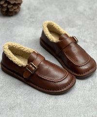 Chocolate Flat Shoes For Cowhide Leather Casual Fuzzy Wool Lined Flat Shoes For Women