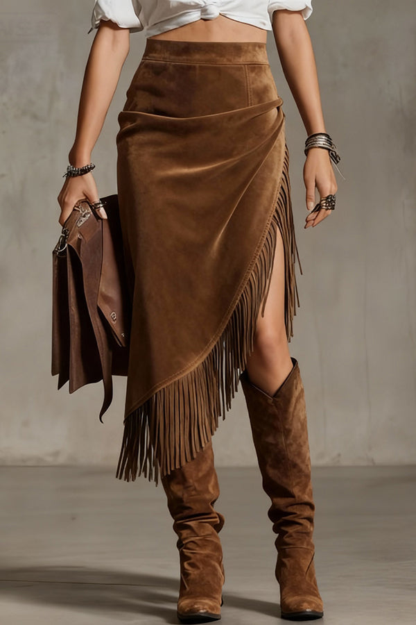 Suede Tassel Irregular Casual Midi Skirt