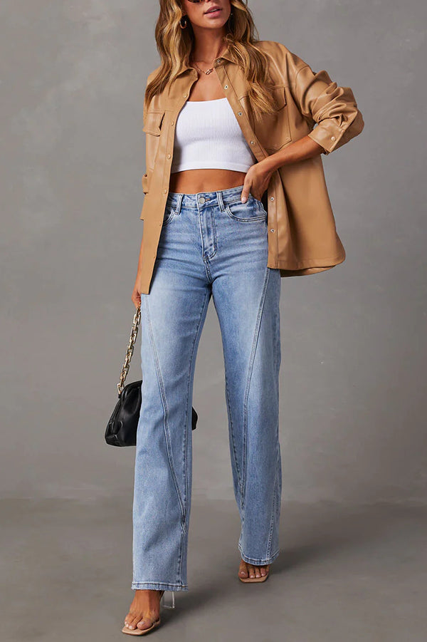 Patchwork Casual Loose Pocket Wide Leg Jeans