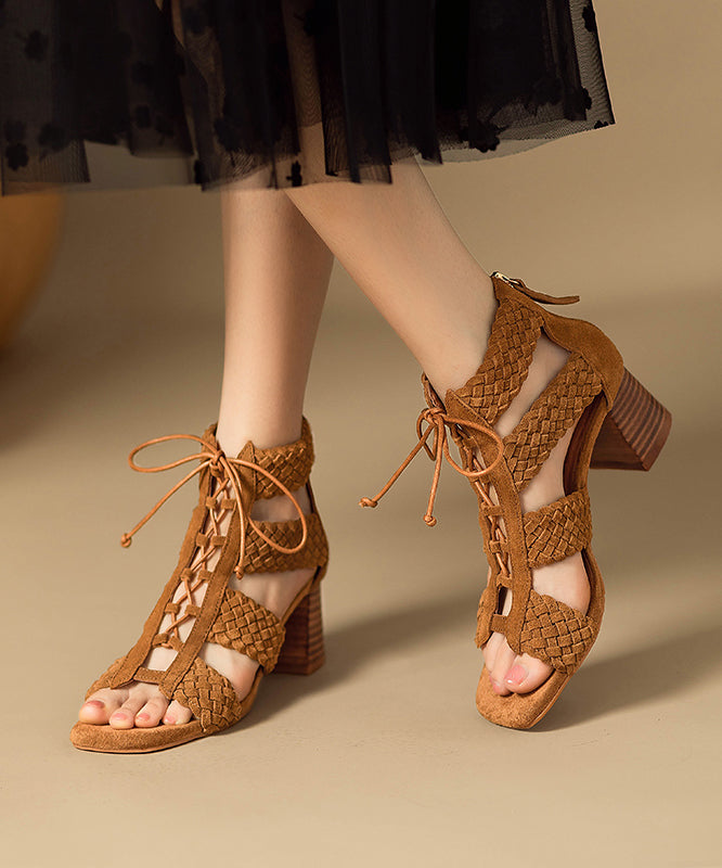 Handmade Brown Lace Up Splicing Chunky Sandals Boots Hollow Out