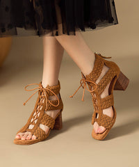 Handmade Brown Lace Up Splicing Chunky Sandals Boots Hollow Out