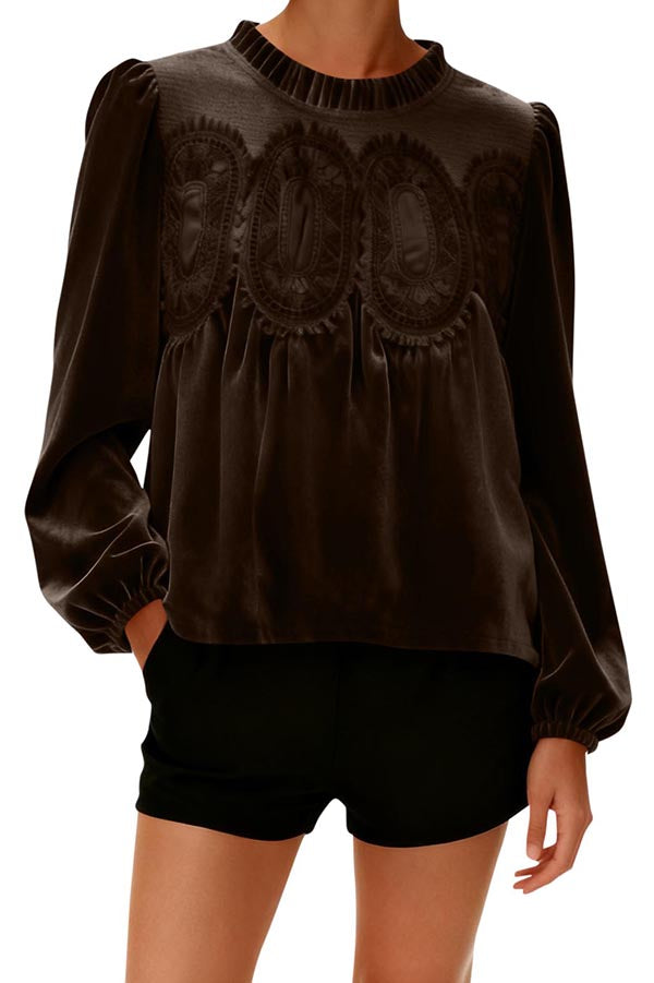 Velvet and Lace Patchwork Loose Long-sleeved Top