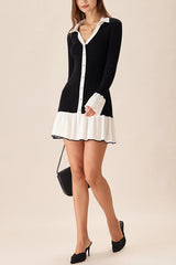 Color-blocked Long-sleeved Button-decorated Knitted Mini Dress
