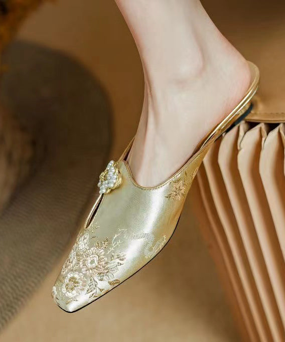 Gold Satin Jacquard Slide Sandals