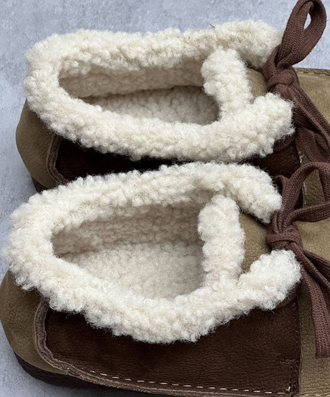 Coffee Flat Shoes For Lace Up Fuzzy Wool Lined Flat Shoes For Women