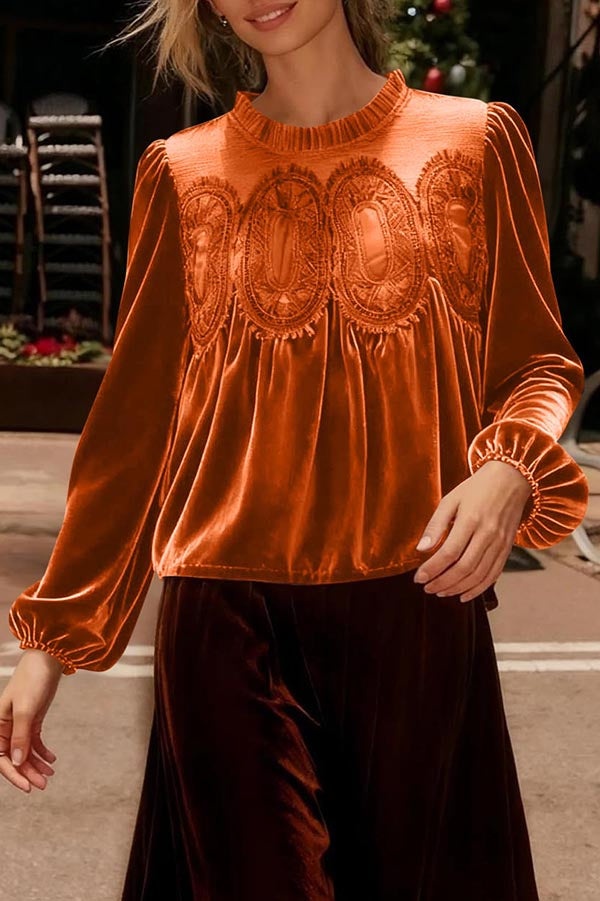 Velvet and Lace Patchwork Loose Long-sleeved Top