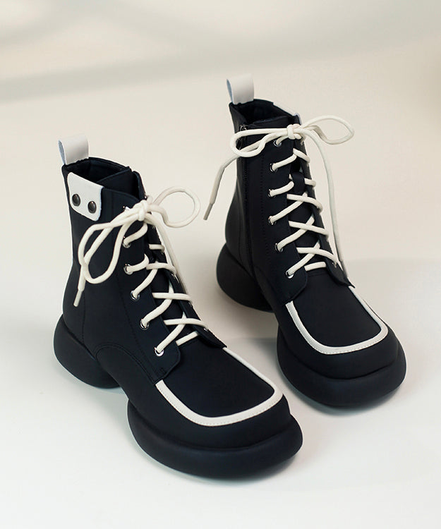 Black Cowhide Leather Splicing Boutique Lace Up Boots