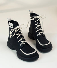 Black Cowhide Leather Splicing Boutique Lace Up Boots