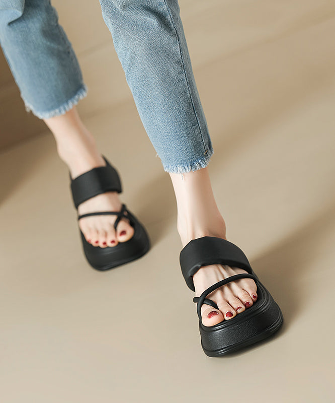 Black Thong Sandals Platform Faux Leather Splicing