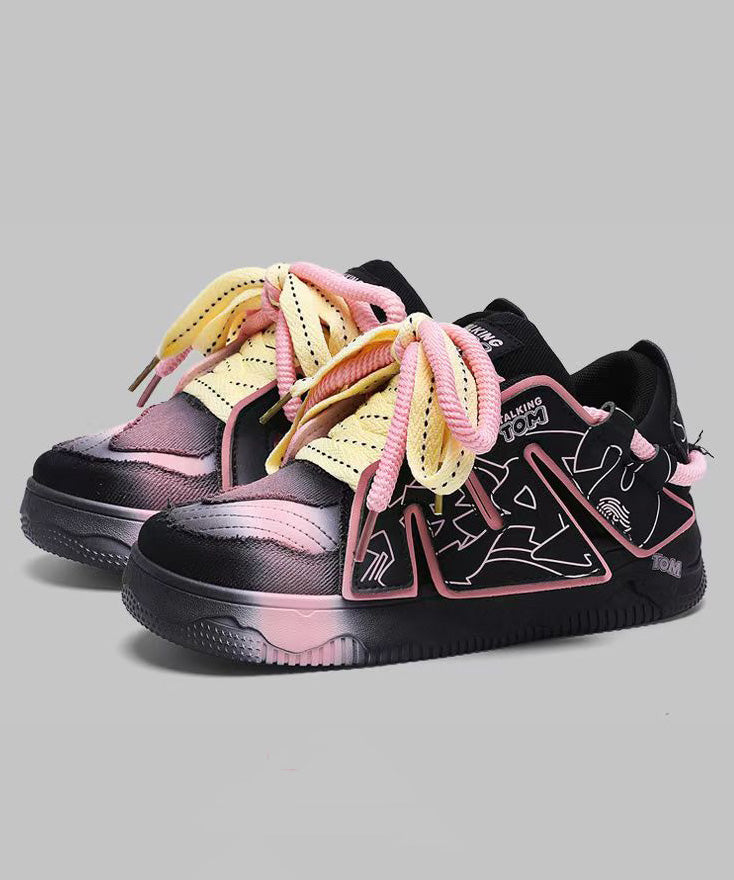 Black Lace Up Splicing Platform Flat Shoes