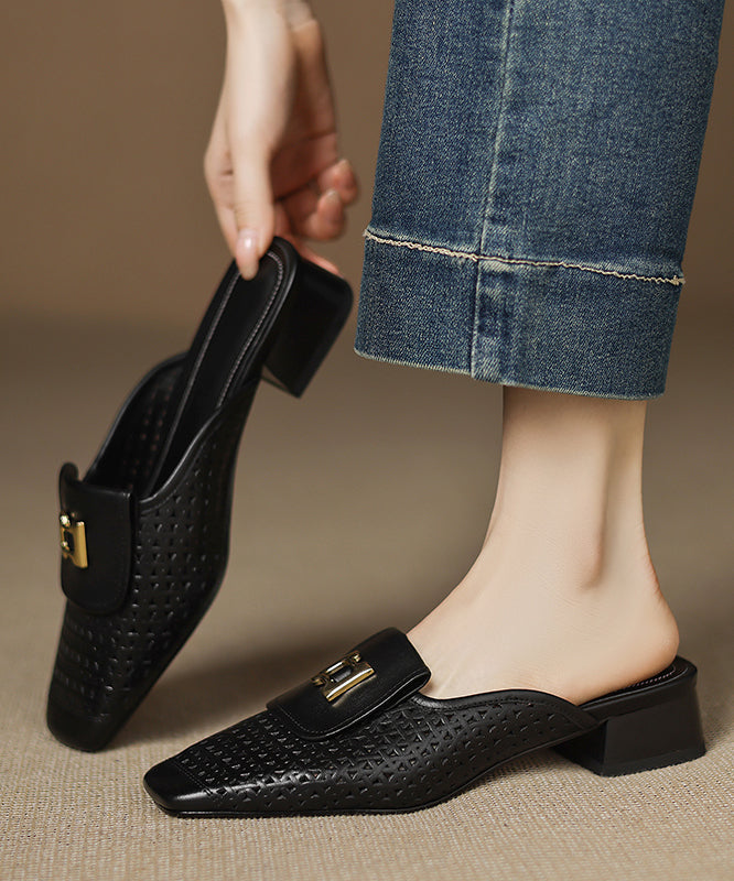 Apricot Cowhide Leather Splicing Hollow Out Slide Sandals