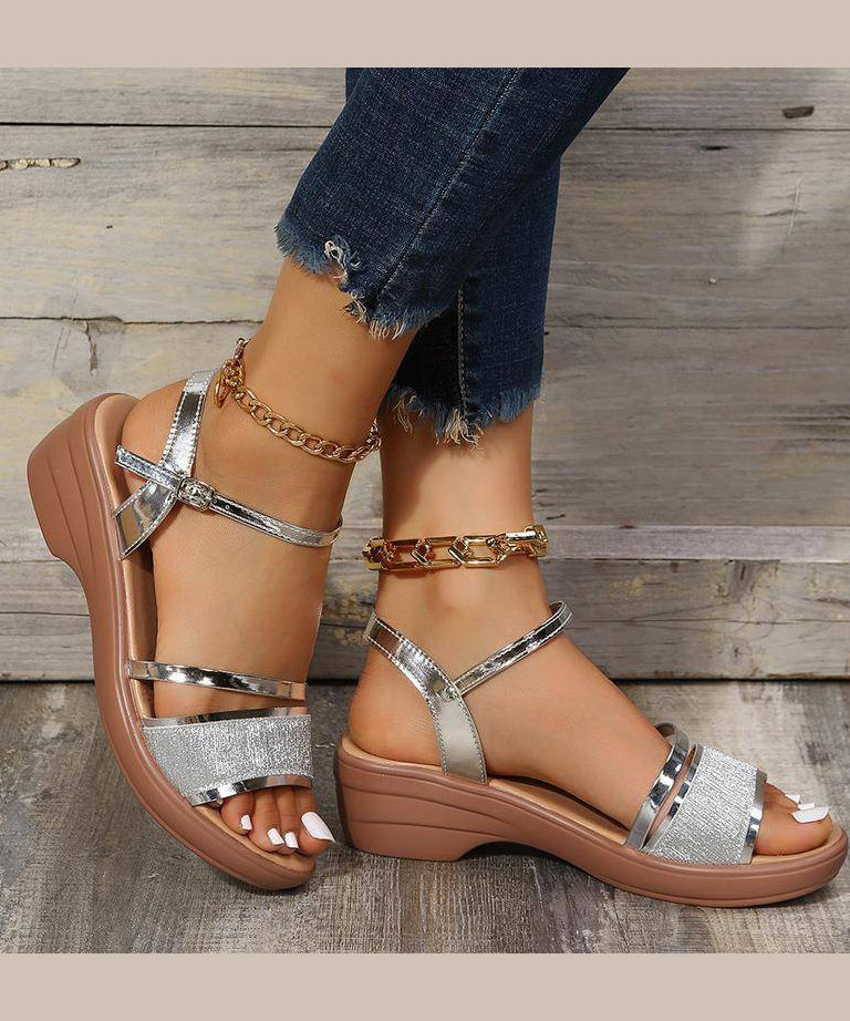 Silver Wedge Heels Sandals Peep Toe Buckle Strap Summer