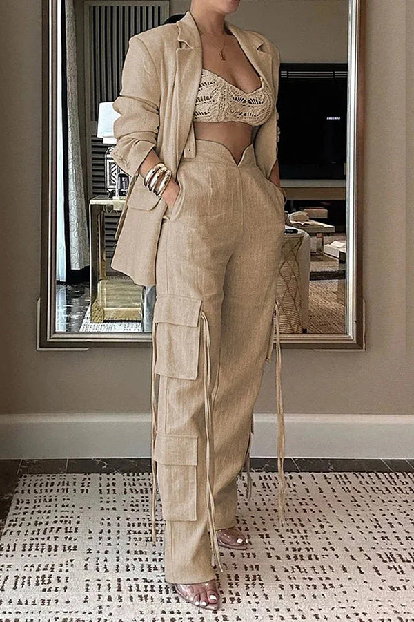 Lapel Long Sleeve Loose Jacket and Casual Pocket Lace-up Straight Leg Pants Set