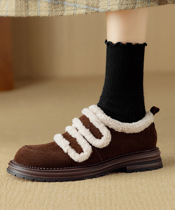 Chic Brown Fuzzy Wool Lined Splicing Suede Platform Flats