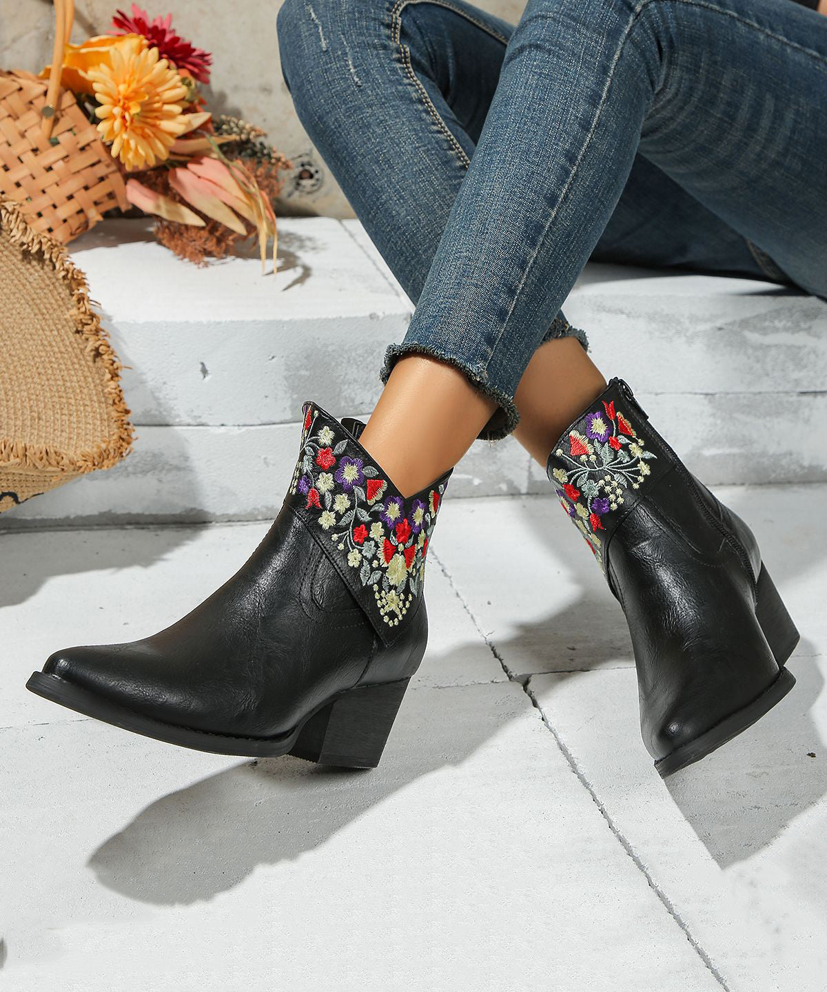 Fine Black Pointed Toe Zippered Faux Leather Splicing Chunky Flat Boots