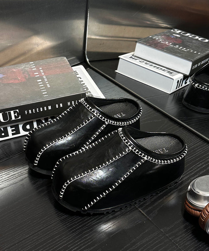 Casual Comfy Splicing Platform Black Cowhide Leather Slide Sandals