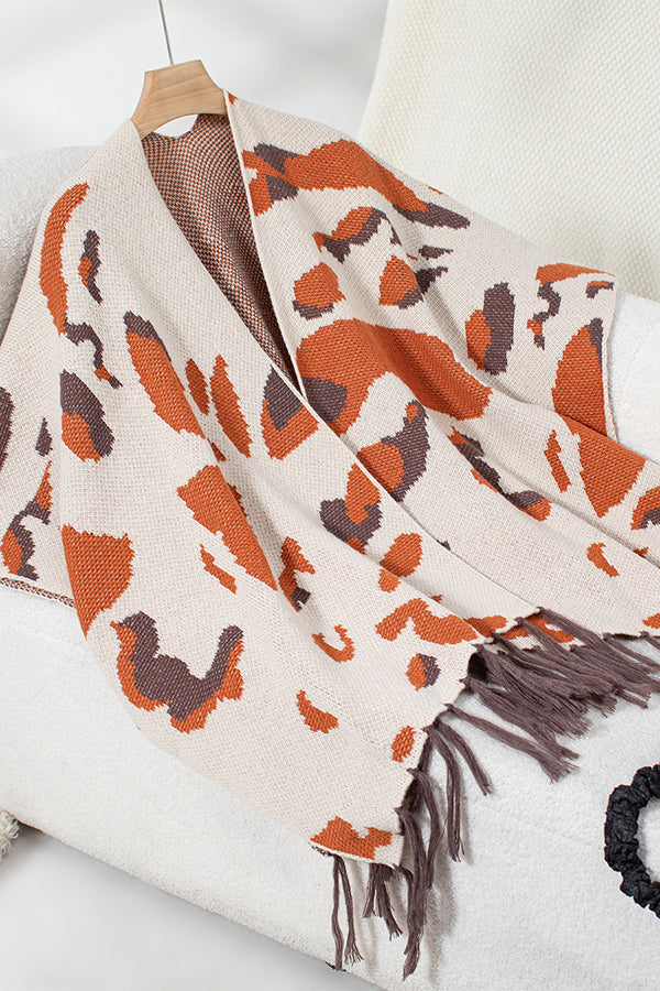 Leopard Print Contrast Tassel Hem Loose Knitted Shawl