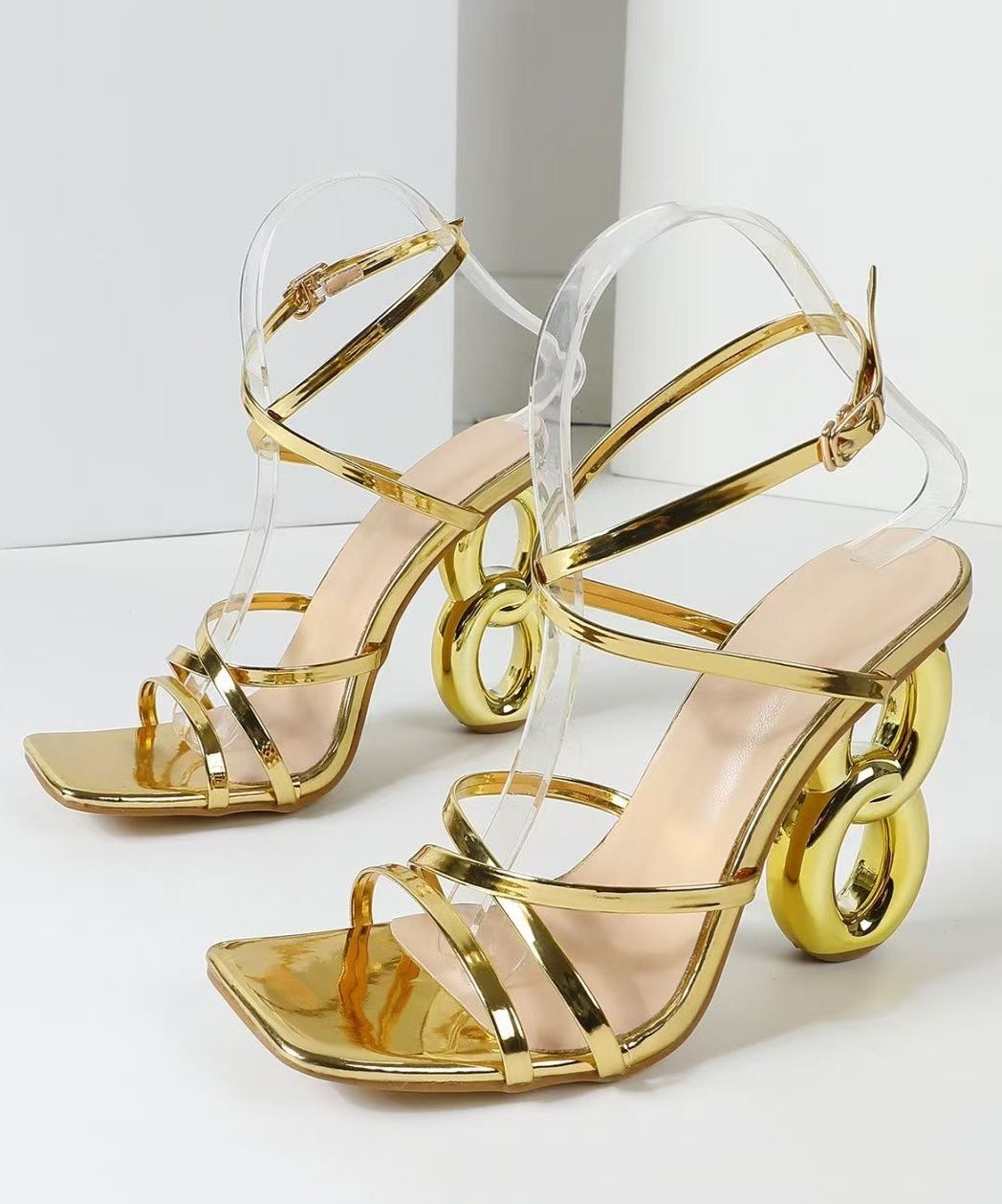 Stylish Gold Square Exposed Toe Cross Strap Irregular High Heeled Sandals
