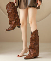 Brown Faux Leather Rivet Splicing Chunky Boots