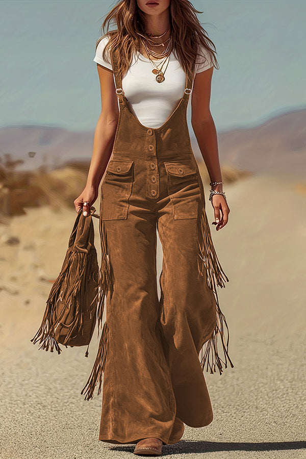 Suede Tassel Button Pocket Casual Wide-leg Overalls