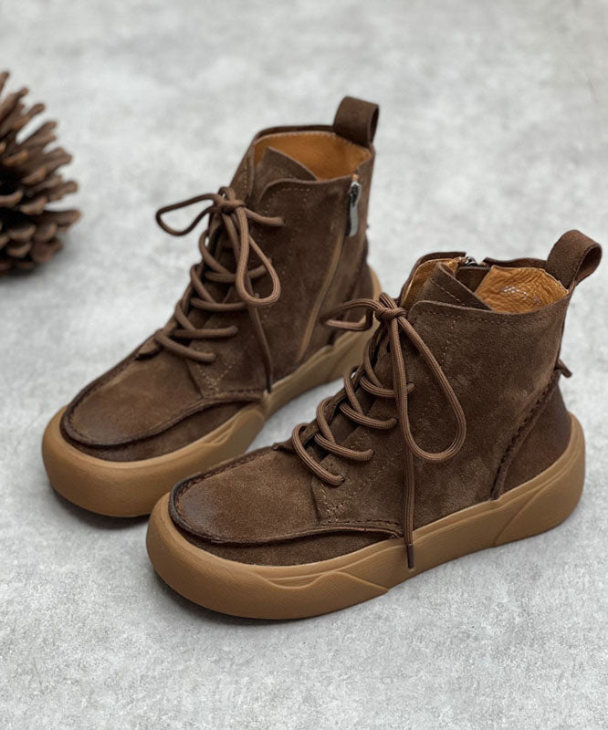 Coffee Cowhide Leather Boots Vintage Zippered Lace Up Mountaineering Boots