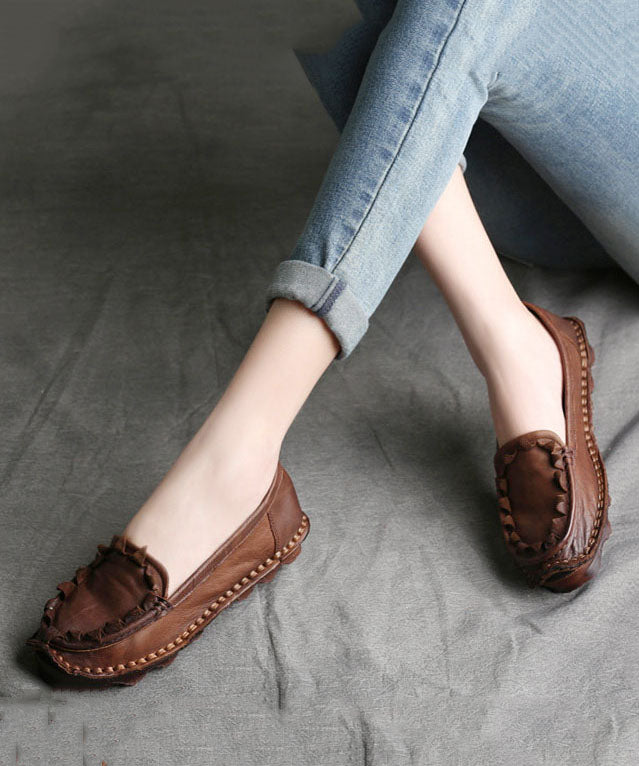 Coffee Flat Shoes For Splicing Cowhide Leather Vintage
