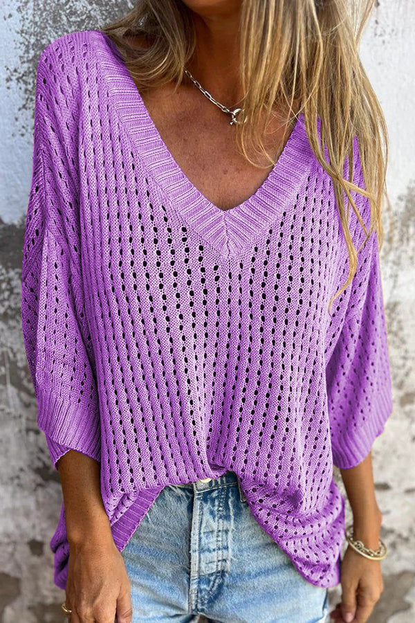 Hollow V-neck Long-sleeved Casual Loose Knitted Top