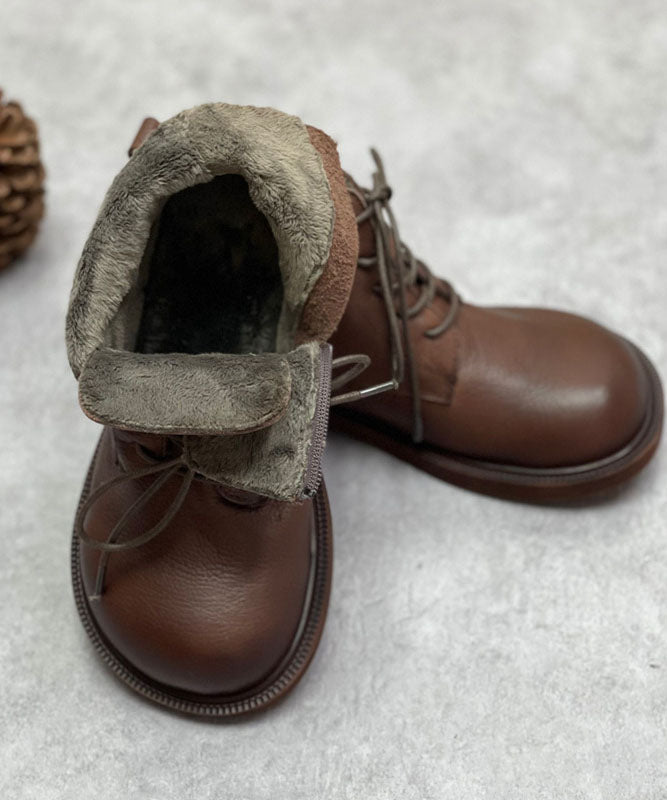 Coffee Boots Cowhide Leather Warm Fleece Beautiful Lace Up Boots