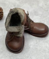 Coffee Boots Cowhide Leather Warm Fleece Beautiful Lace Up Boots